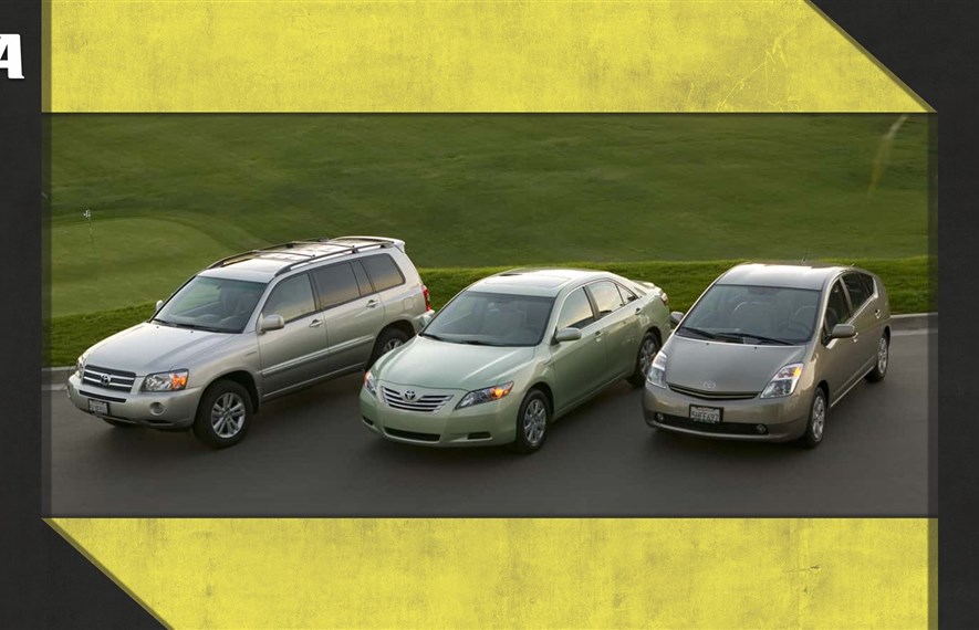 Toyota Prius, Toyota RAV4, Honda CR-V, Nissan Versa, Lexus IS 350, Ford Escape Hybrid, Toyota Tacoma, Toyota Highlander, Toyota Camry Hybrid, Toyota Highlander Hybrid